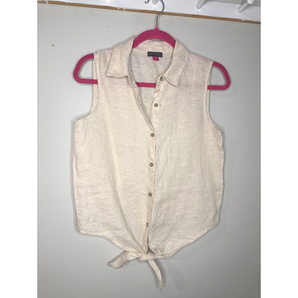 Vince Camuto Linen Tie Front Sleeveless Top Oatmeal Coastal Petite Small